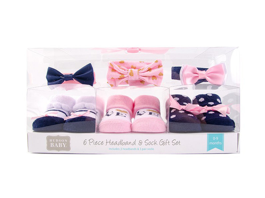 Hudson Baby Headband and Socks Set in Navy Love (6 pieces)