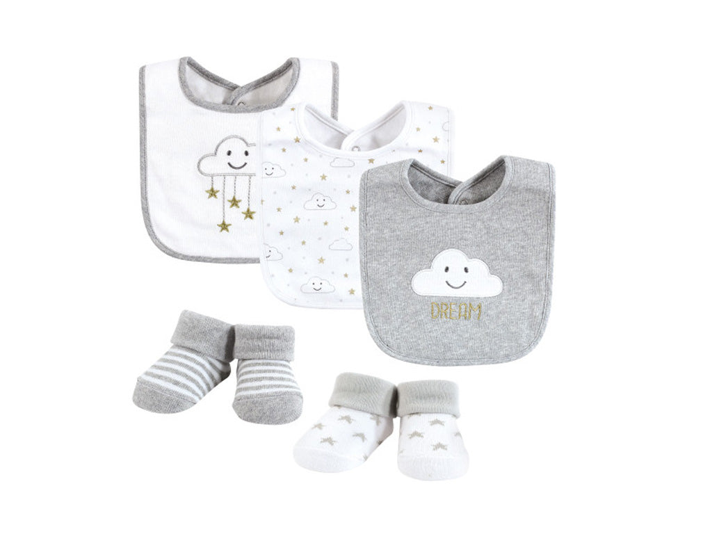 Hudson Baby in Cloud (Set of of 3 cotton bibs and 2 booties)