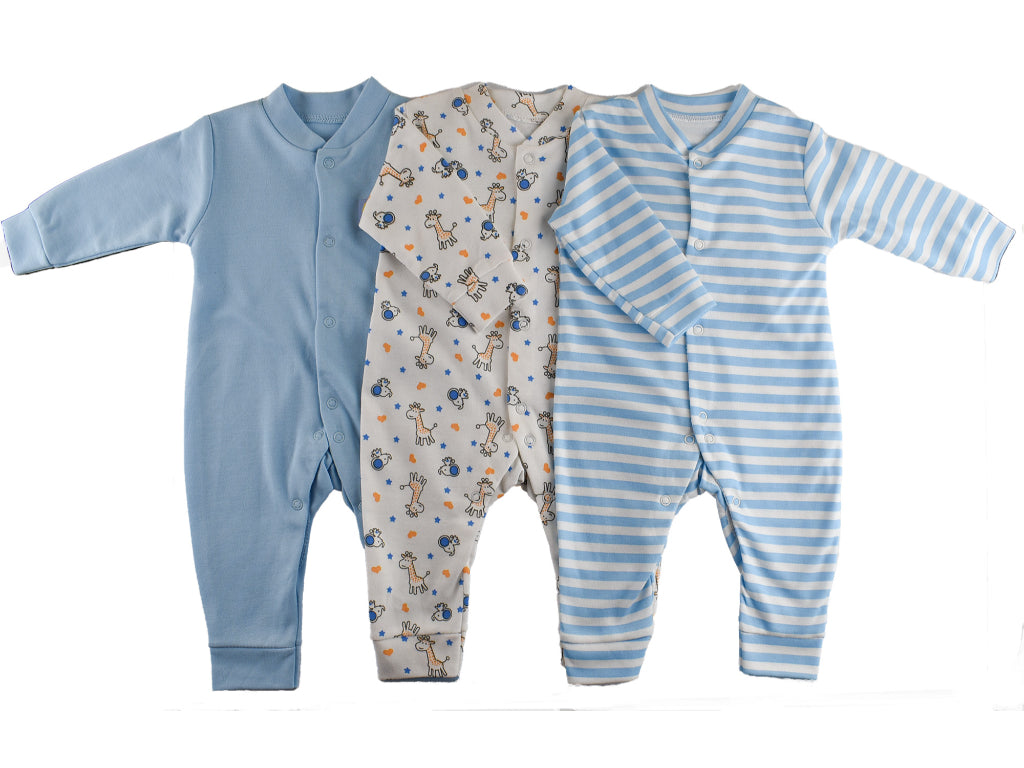 Sleeping Suits (Set of 3) - Plain Blue, White Elephant Shapes & White Blue Stripes