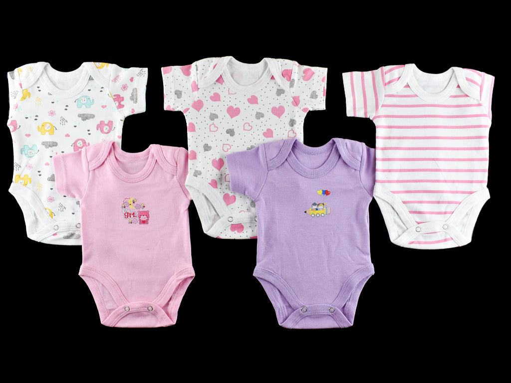 Rompers (Set of 5) - Pink, Purple & White with Designs